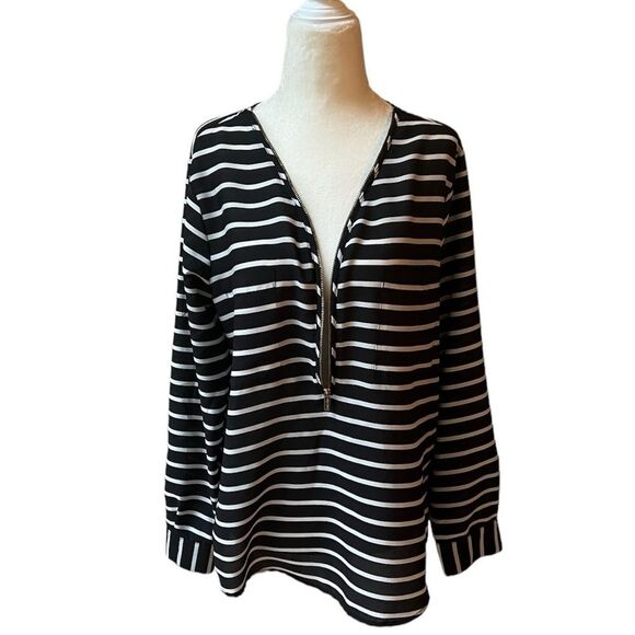 Calvin Klein Black & White Striped Zippered Blouse - Picture 8 of 16